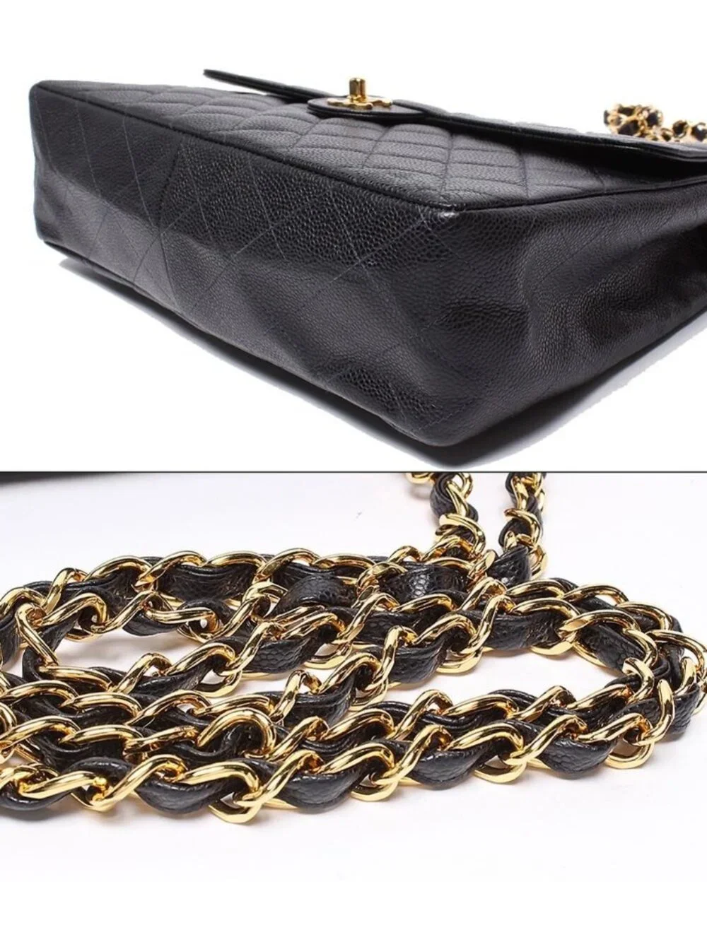 Chanel Chain Shoulder Bag Quilted Caviar Leather Gold Double
